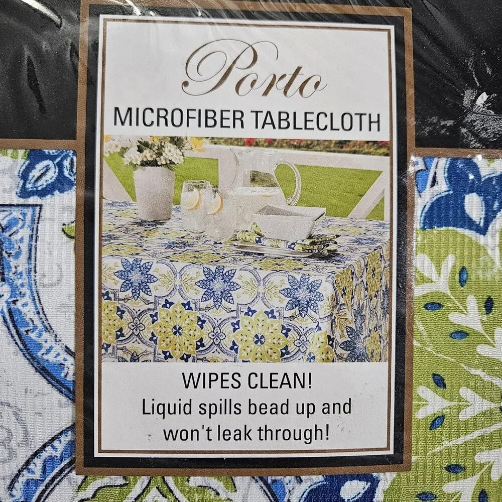 Round Tablecloth Linen 70in Porto Green Blue Floral Microfiber Wipe Clean Dining